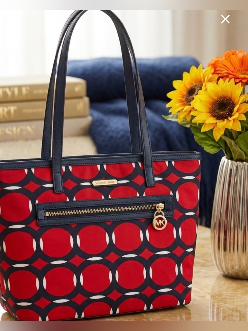 Michael Kors Red and Navy Geometric Circle-Print Tote with Gold Charm